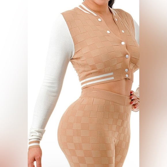 Khaki Two Piece Knit Varsity Stye Jacket Top High Waisted Knit Leggings Joggers - Picture 7 of 13